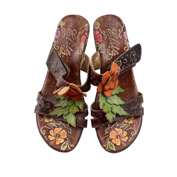 Elite By Corkys Women's Size 7 Leather Floral Wedge Sandals Shelby - Picture 2 of 8